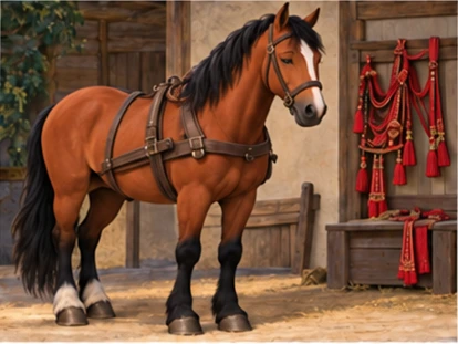 Horse in plain harness beside stored red decorations.