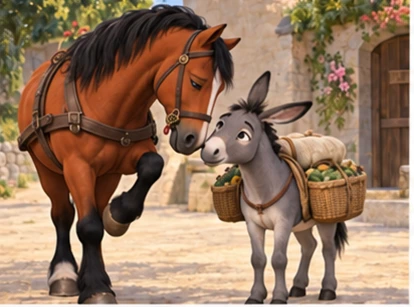 Horse apologising gently to donkey in farm courtyard.