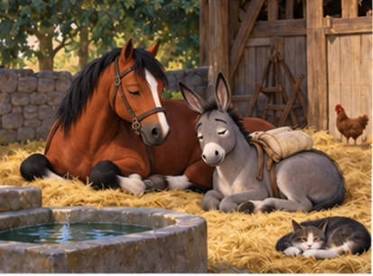 Horse and donkey resting by shaded barn with water trough.