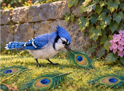 Jay collecting naturally shed peacock feathers beside wall.