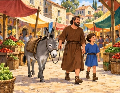 Father boy and rested donkey arriving peaceful market.
