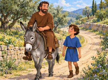 Father riding donkey while boy walks beside him.