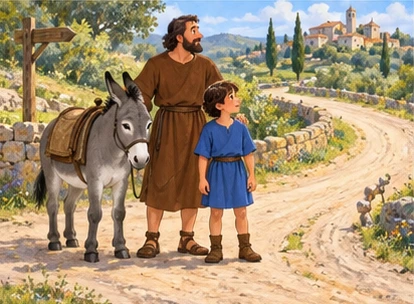 Father stopped beside boy and donkey at road bend.