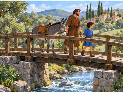 All three safely walking over sturdy wooden bridge.