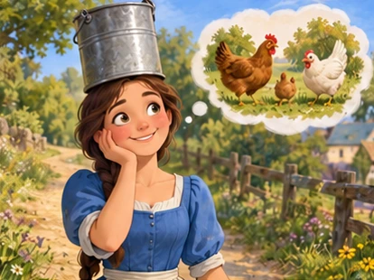 A milkmaid imagines small hens beside the country path.
