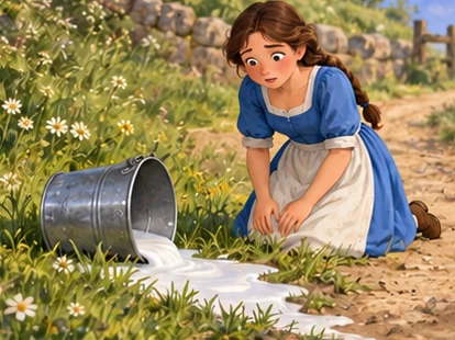 Milk spilled on grassy verge, intact pail, milkmaid unharmed.