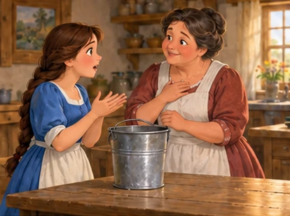 Milkmaid telling mother in home kitchen with empty pail.