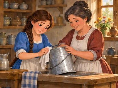 Milkmaid cleaning pail with mother, handle clearly visible.