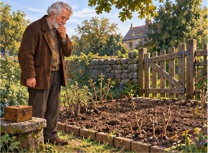 Gardener beside broken gate and bare flowerbed, coin box nearby.