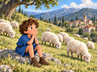 Boy shepherd with white sheep on sunny hillside.