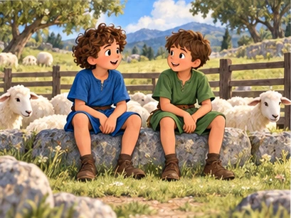 Boy and friend sitting near safe sheep enclosure in sunshine.