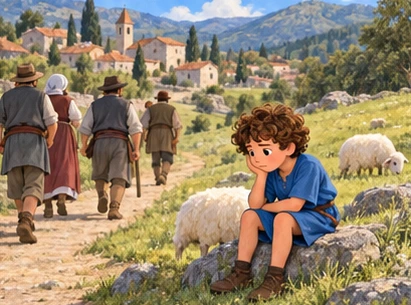 Disappointed villagers walking away, thoughtful boy with sheep.