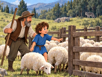 Adult shepherd helping boy guide sheep into enclosure, wolf distant.