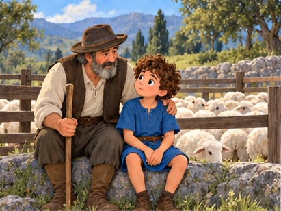 Boy and adult beside safely enclosed sheep, relieved serious faces.