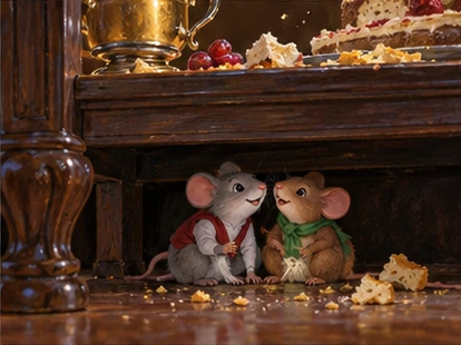 Mice hiding safely beneath low table, feast above.