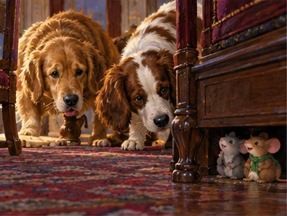 Two dogs sniffing chairs while mice sheltered under low table.