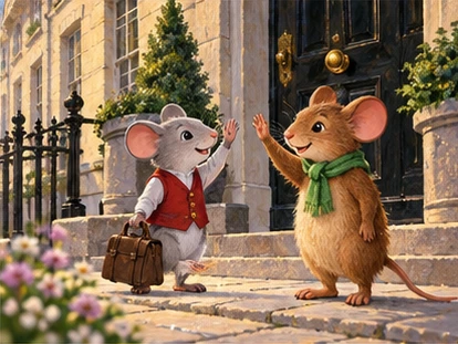 Mice saying friendly farewell outside town house.