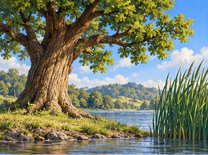 Tall oak and slender reeds on quiet riverbank.