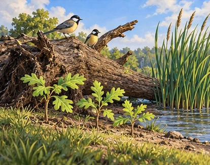Birds on fallen oak, young seedlings and healthy reeds beside river.