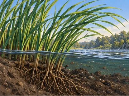 Reed bending with roots firmly held in river mud.