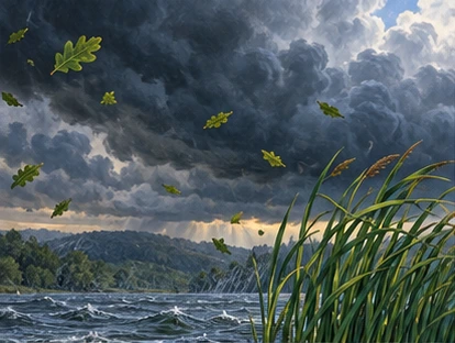 Storm clouds arriving over river, leaves carried by wind.