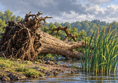 Oak uprooted safely onto empty riverbank, reeds still rooted.