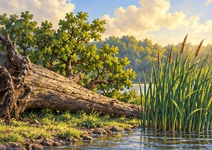 Fallen oak and upright reeds in clear poststorm sunlight.