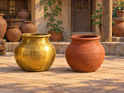 Brass and clay pots resting with space in pottery courtyard.