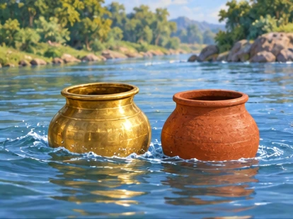 Brass pot drifting toward clay pot in calm river.