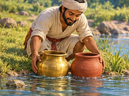 Potter retrieving intact brass and clay pots from shallow bank.