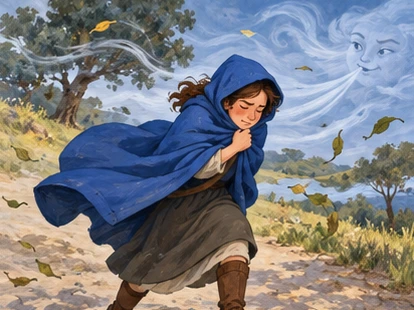 Traveller leaning into wind, blue cloak firmly wrapped.