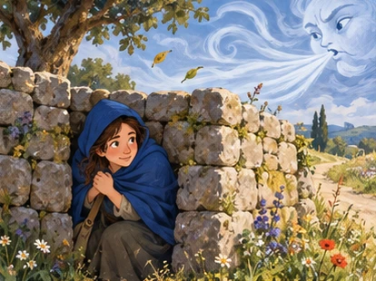 Traveller sheltering behind stone wall in blue cloak.