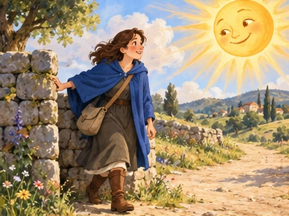 Warm sun emerging, traveller leaving wall shelter.