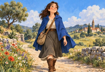 Traveller walking calmly with loosened blue cloak.