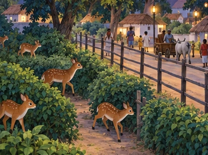 Brownie’s herd scatters safely into separate groves near a busy fenced village road.