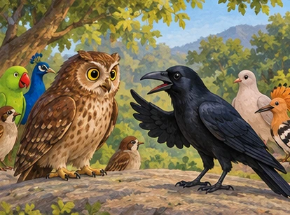 A glossy black crow asks Owl a question while the other birds watch.