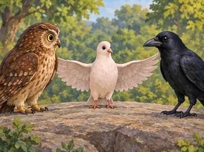 A pale turtle dove calmly stands between Owl and Crow with open space around both.
