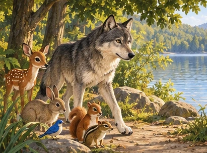 A gray wolf leads small woodland animals toward a shaded lakeside drinking path.