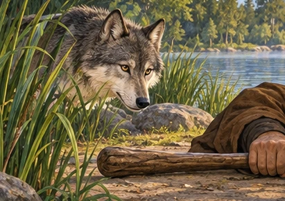 The watchful wolf studies the man’s tight grip from beside the reeds.