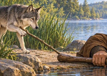 The wolf safely uses a long twig to nudge the far end of the club.