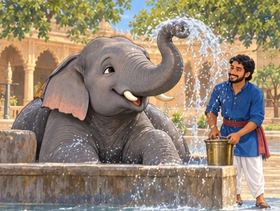 Gentle gray Komal splashes water while his blue-clad keeper smiles nearby.