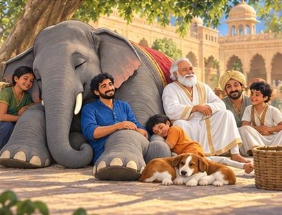 Komal rests peacefully with his keeper and friends in the sunny courtyard.
