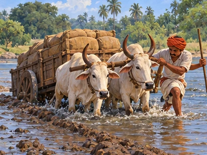 A wagon driver and oxen struggle at a shallow muddy river crossing.