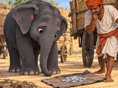 Blackie looks at an insufficient pile of silver coins beside the wagons.