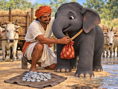 The driver adds the missing coins and loosely ties a cloth pouch around Blackie’s neck.