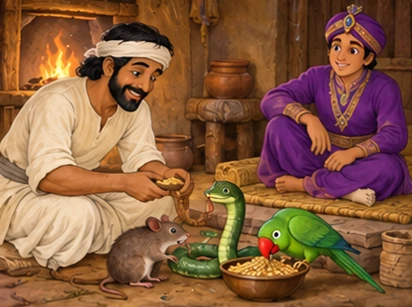 The rescuer tends the small animals beside a warm hearth while the prince waits.