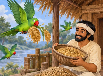 Parrots bring safely gathered fallen grain to the riverside hut.