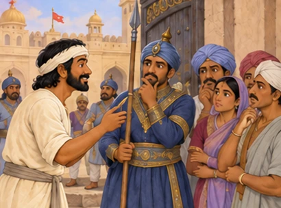 Gatekeeper and neighbors listen to the rescuer and question the king respectfully.