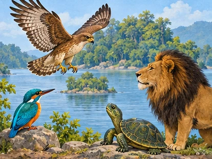 Father Hawk greets a kingfisher, turtle, and lion around their lake shores.