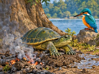 Turtle pushes wet mud onto fire embers while Kingfisher rests safely.